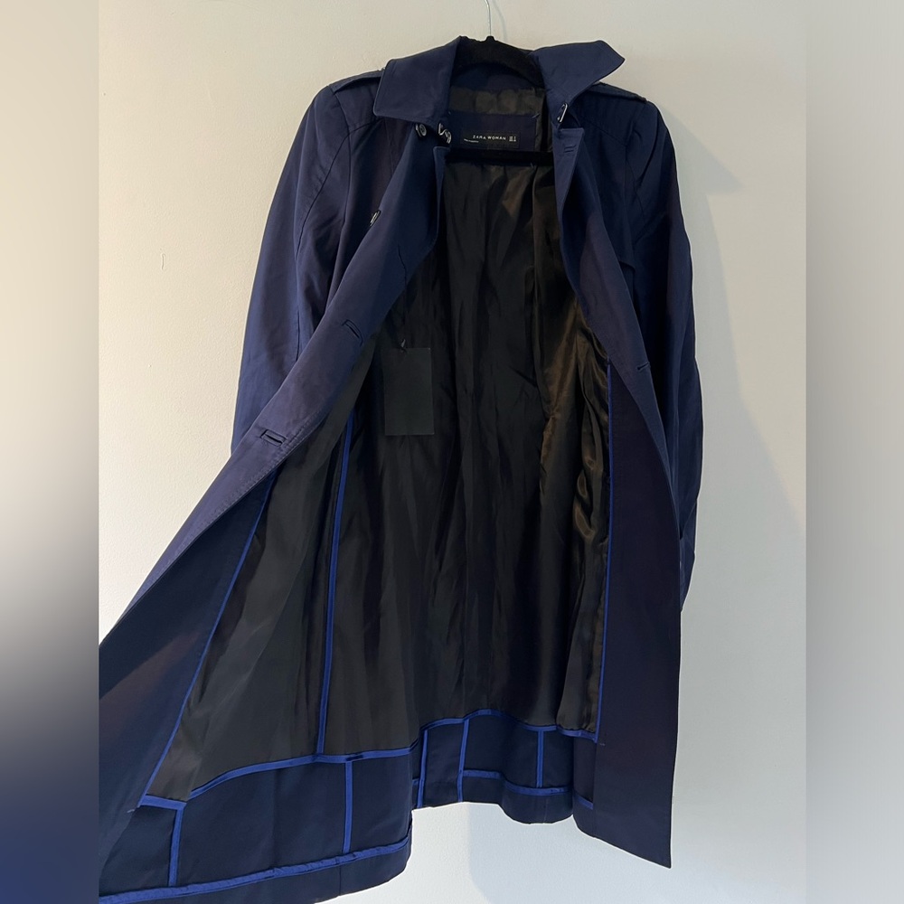 NWT Zara navy blue trench coat jacket cotton double breasted belted small - Picture 10 of 11